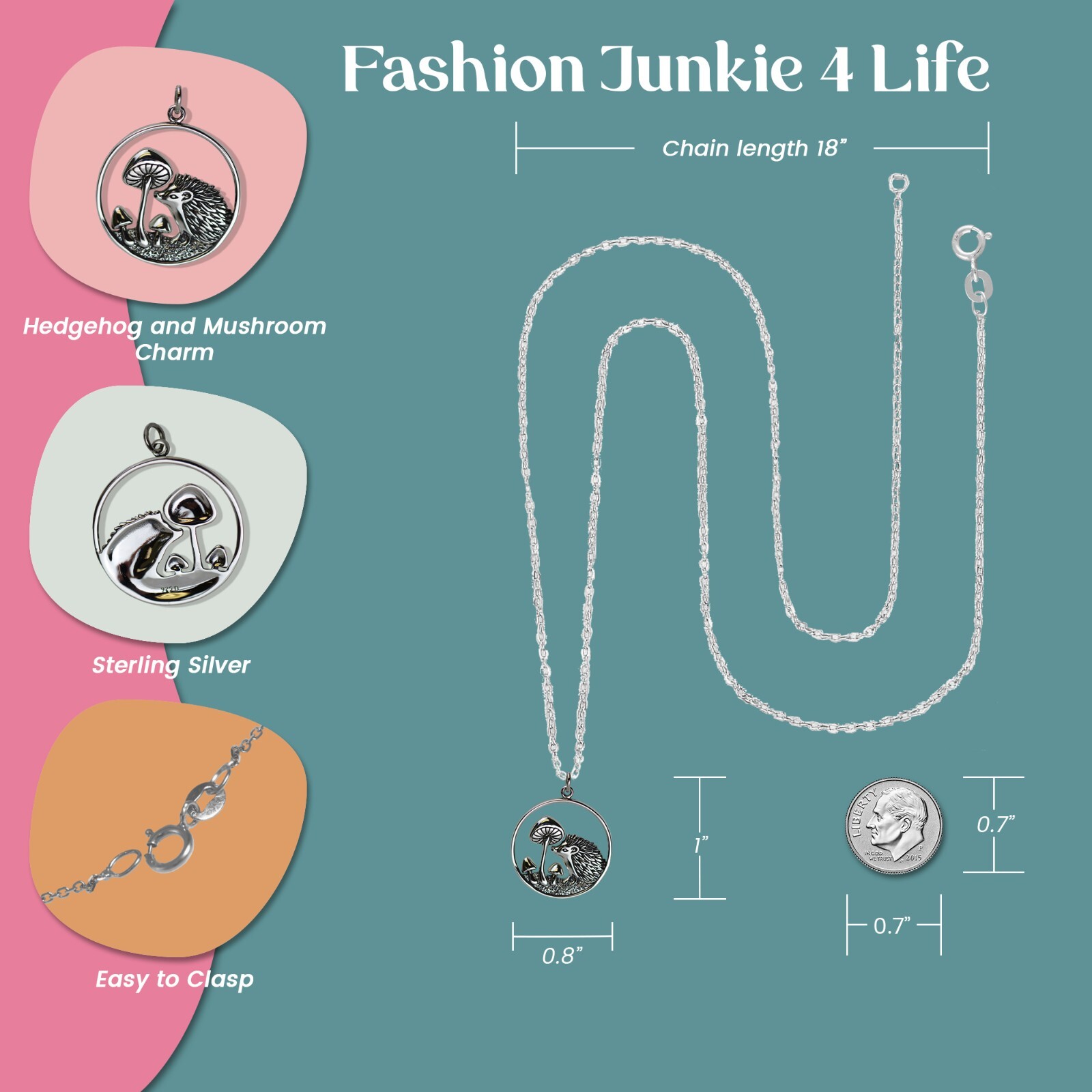 FashionJunkie4Life Sterling Silver Hedgehog and Mushroom Charm with 18″ Chain
