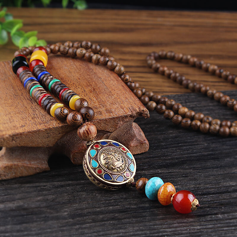 Nepal Long Buddhist Wood Beaded Pendant Necklace Ethnic Buddha Lucky Jewelry