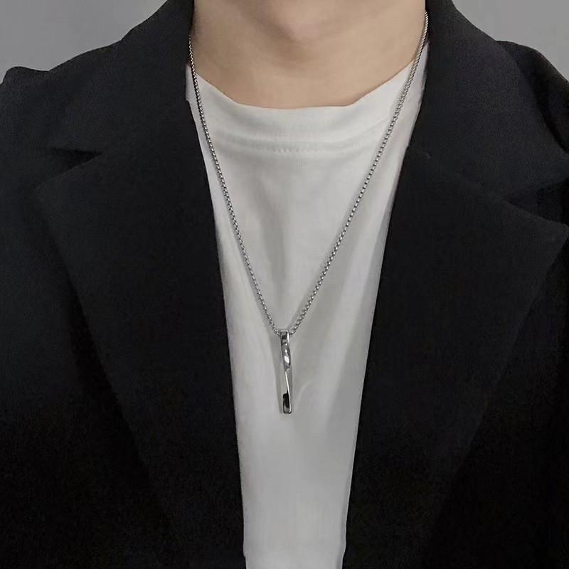 Double Cuban Chain Vertical Bar Pendant Necklace Silver Minimalist Men Jewelry