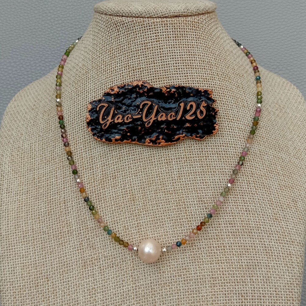 Natural Multi Color Tourmaline Pink keshi Pearl Choker Necklace silver clasp