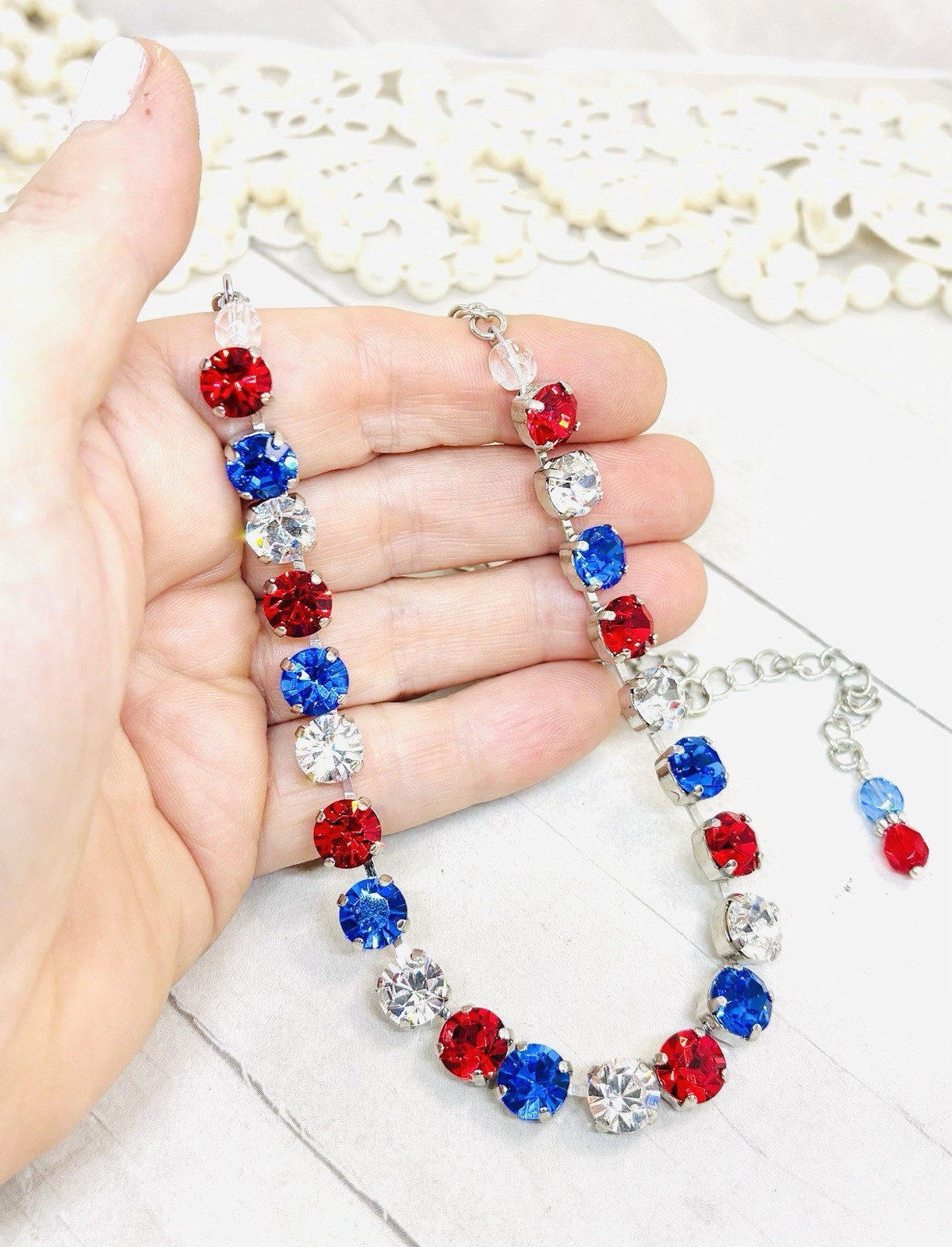 Shiny Silver Plated Patriotic Red, White, and Blue Crystal Cup Chain Necklace