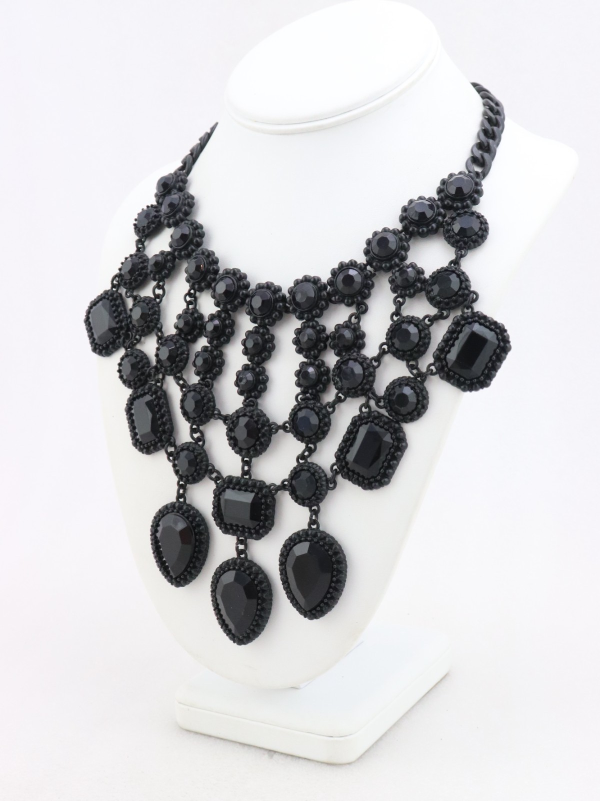 17-20″ ZARA Black Crystal Glass Rhinestone Bib Metal Chain Necklace