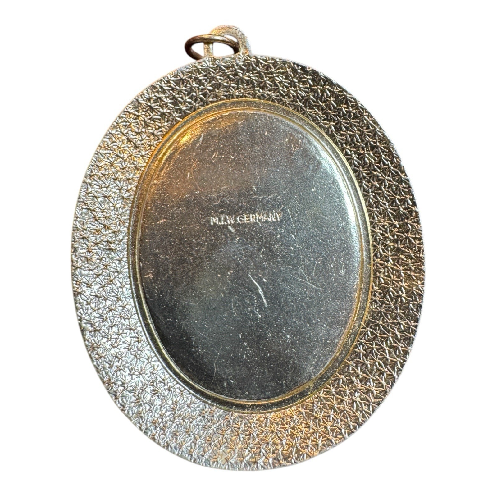 Vintage West Germany Pendant Painted Folk Art Scene Woman Child Cat Oval