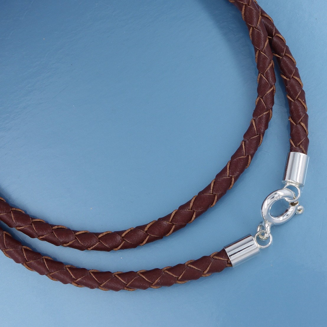 22″ Sterling Silver 4mm Round Braided Brown Genuine Leather Cord Necklace