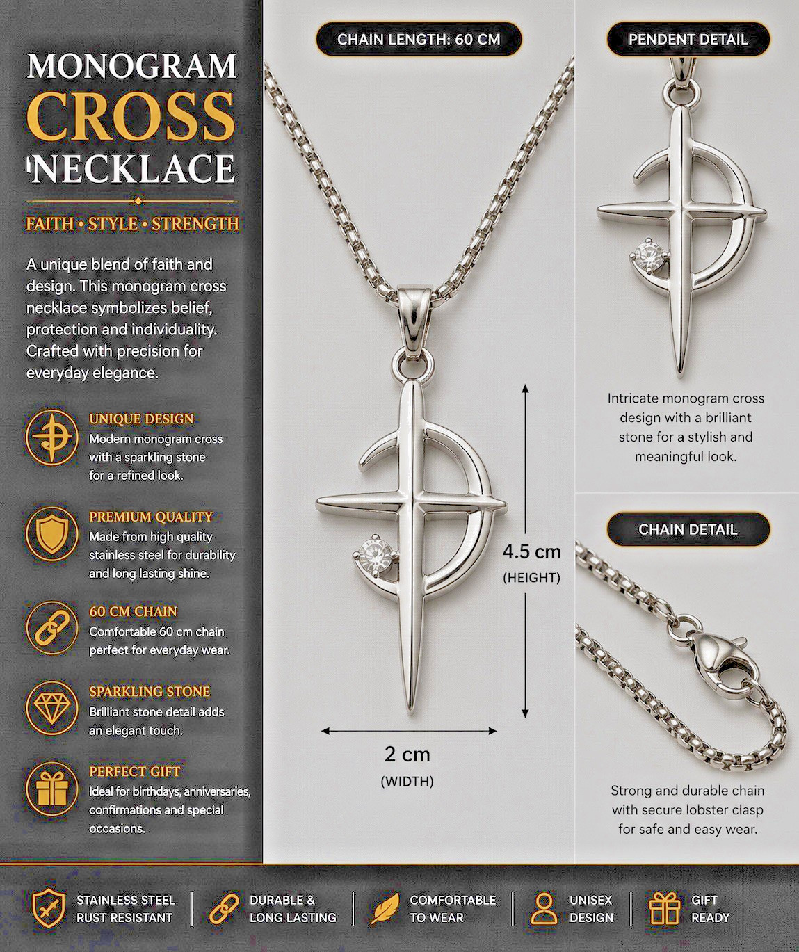 PREMIUM Christian MOON Cross Necklace Crystal Pendant 60cm Chain Stainless Steel