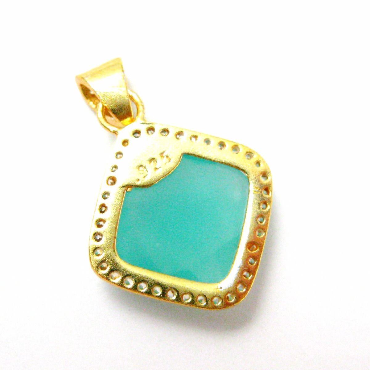 Vermeil Gold Peru Chalcedony Plated Bezel Gem Pendant,Cubic Zirconia Pave 17mm