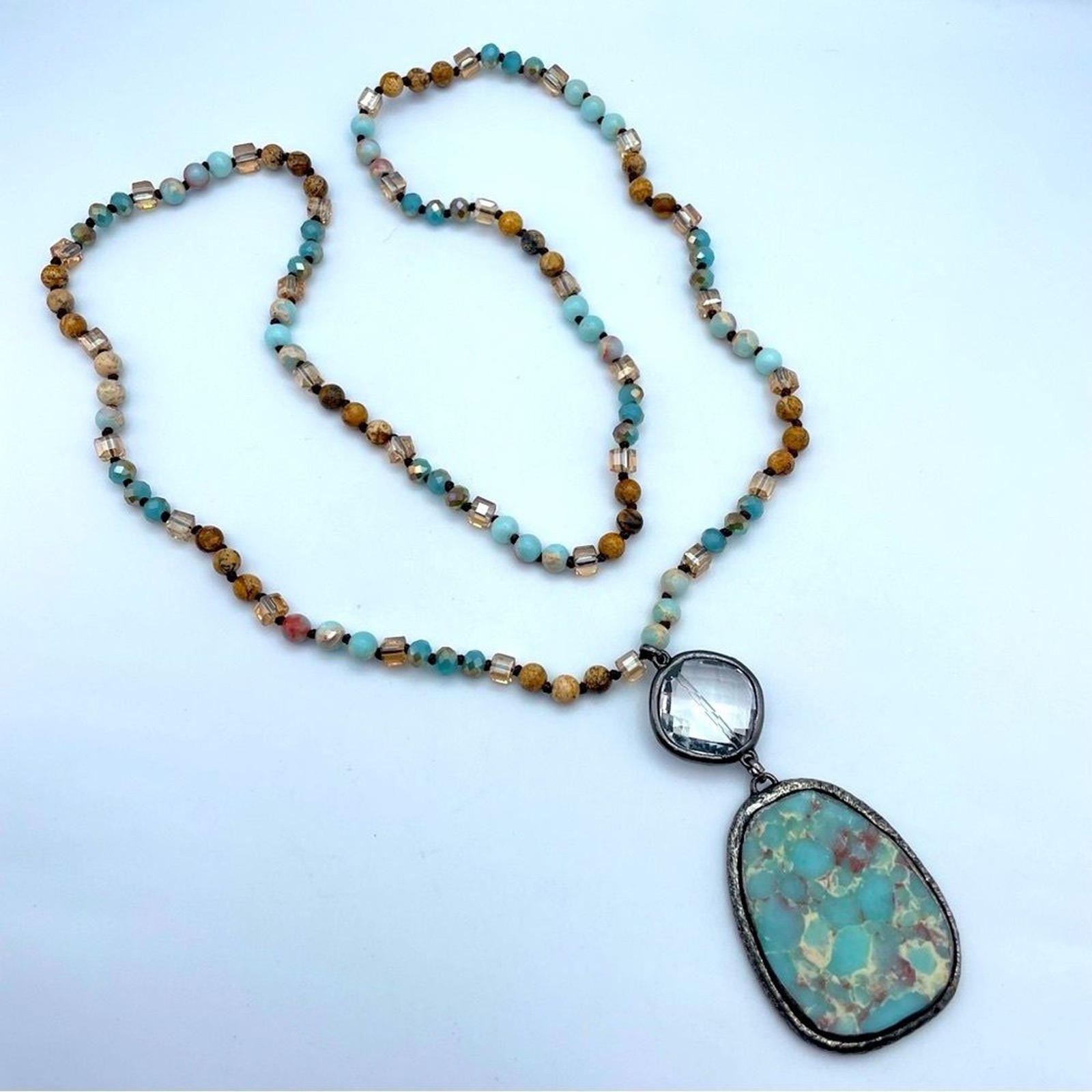 Artisan Amazonite & Jasper Beaded Necklace w/ Turquoise Matrix Pendant