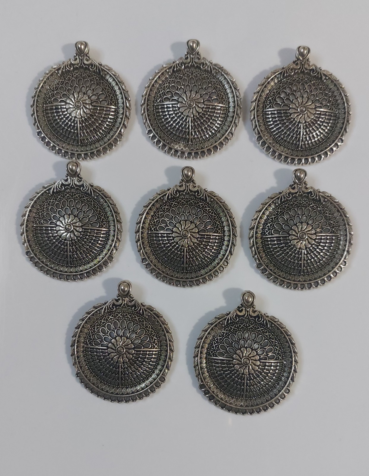 Boho Silver Tone Round Pendant Charms – Set of 8