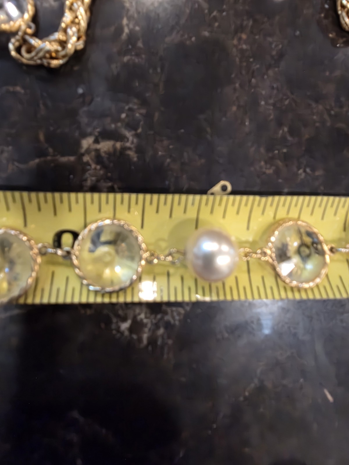 French Fancy Bezel Set Double Point Crystal & Glass Pearl Rope Necklace 32″ L