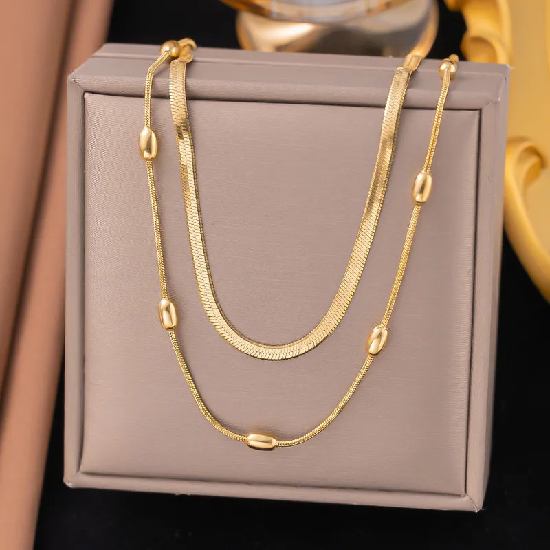 Gold Double Layer Necklace Women Herringbone Snake Chain Titanium Steel