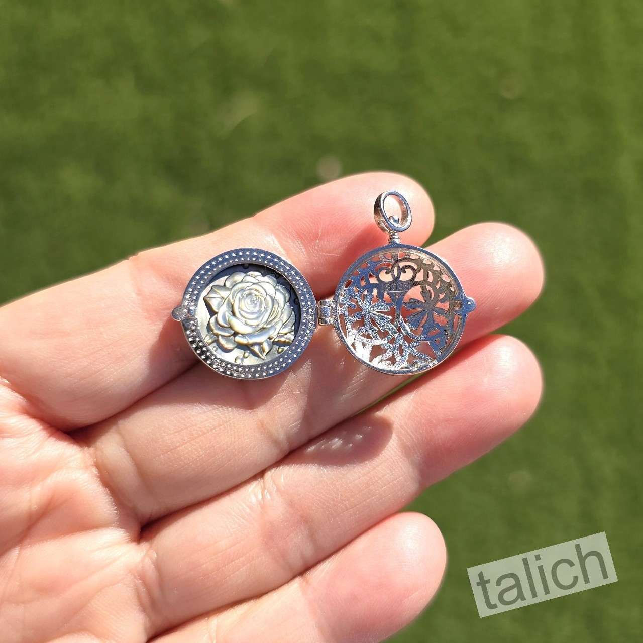 925 Sterling Silver Black Mother of Pearl Bee & Rose Cameo Locket Pendant Unique