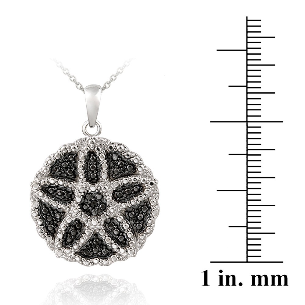 Black Diamond Accent Flower Circle Necklace, 18″ Fine Silver Plate