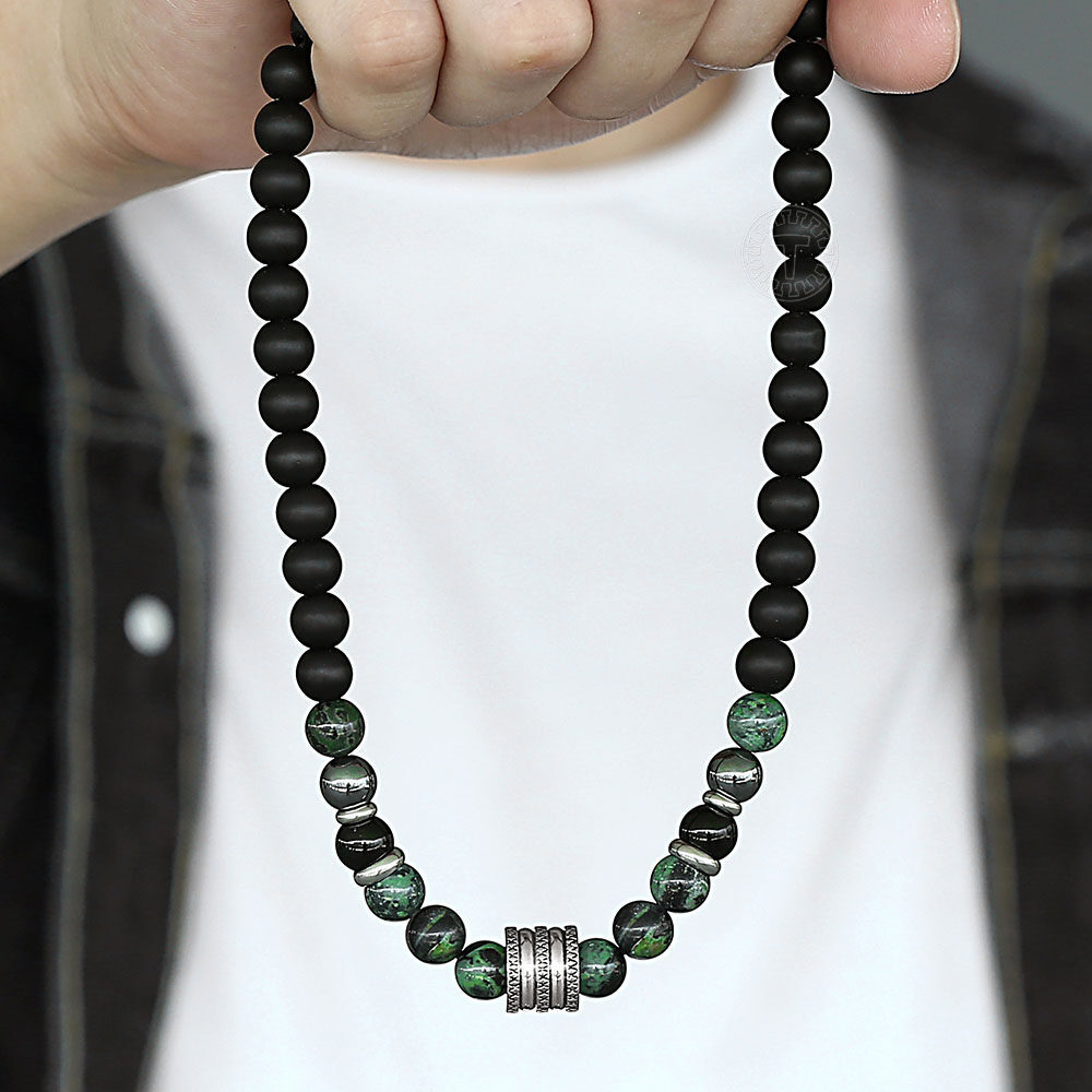 8MM Natural Black Matte Polar Jade Beaded Necklace Stainless Steel Toggle Choker