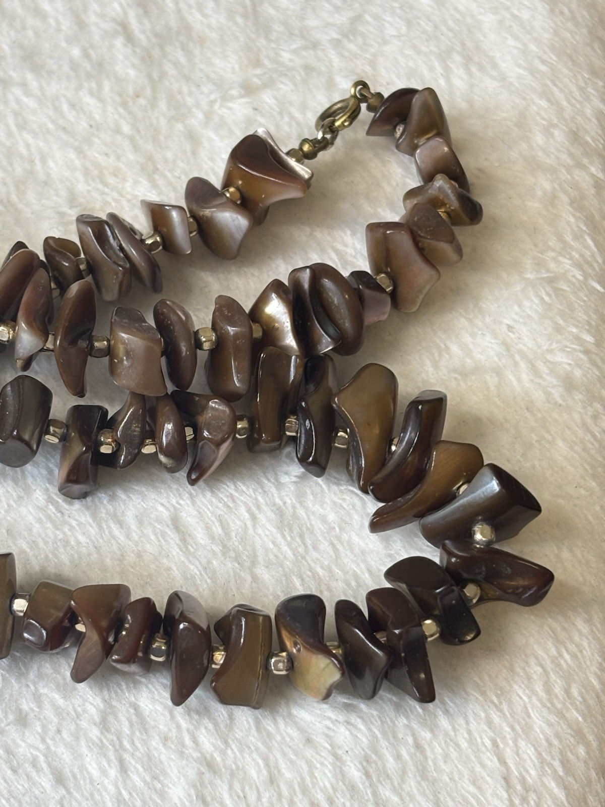 Vintage 30” Mother Of Pearl Bronze Necklace