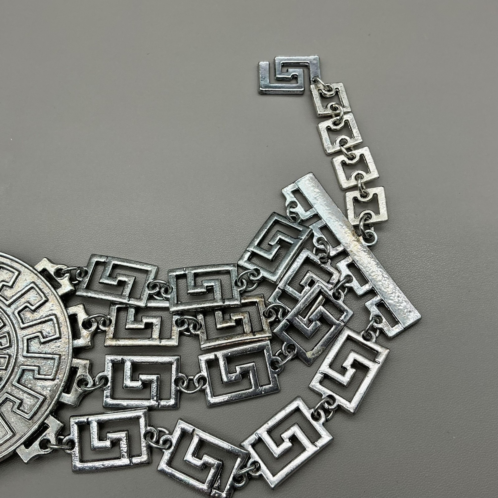 Versace For H&M Necklace Silver Greek Key Medallion Collar Statement Jewelry