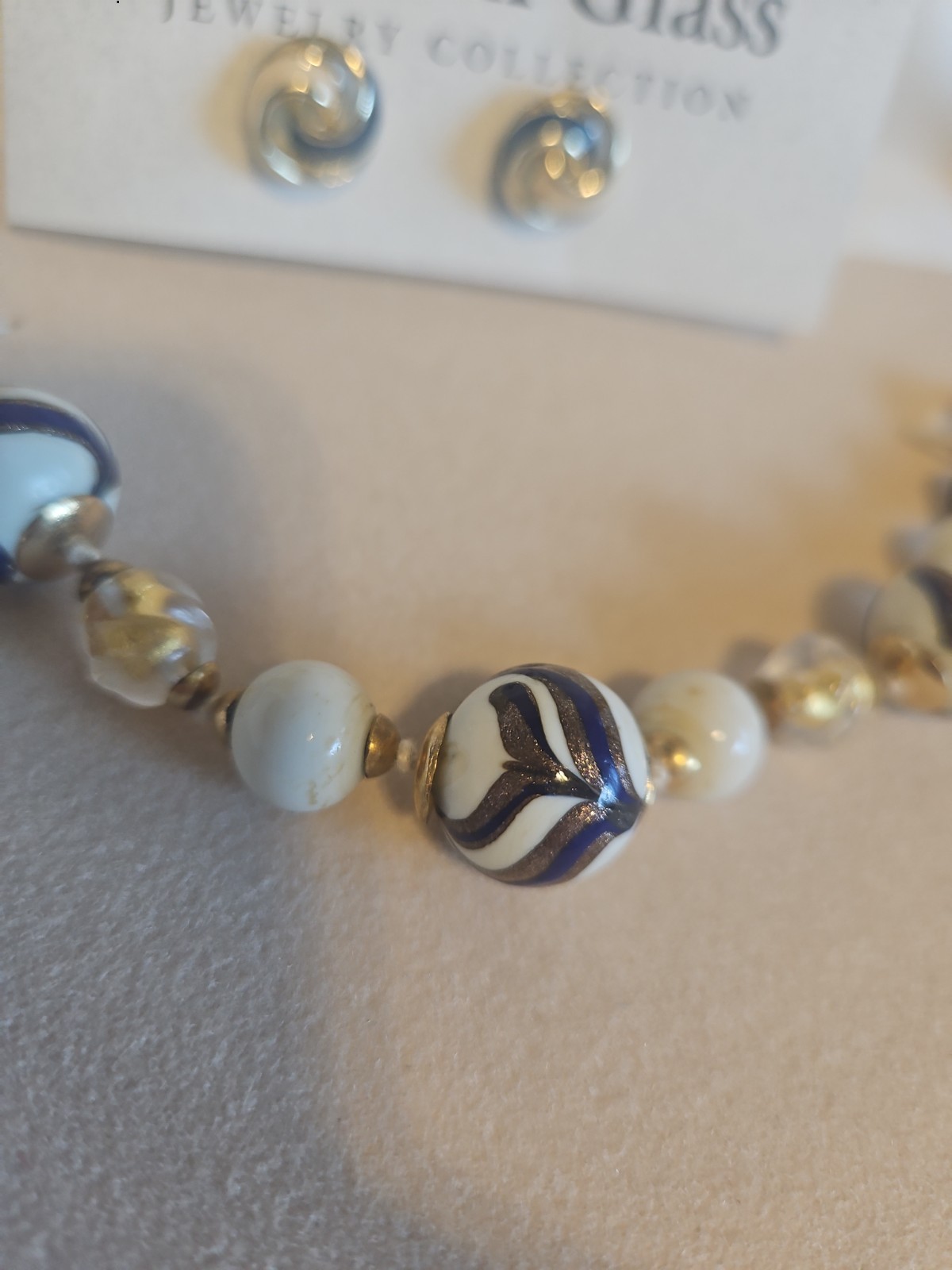 New Venetian Glass Beads NECKLACE And Earrings Navy/ Gold Handcrafted. Boxed