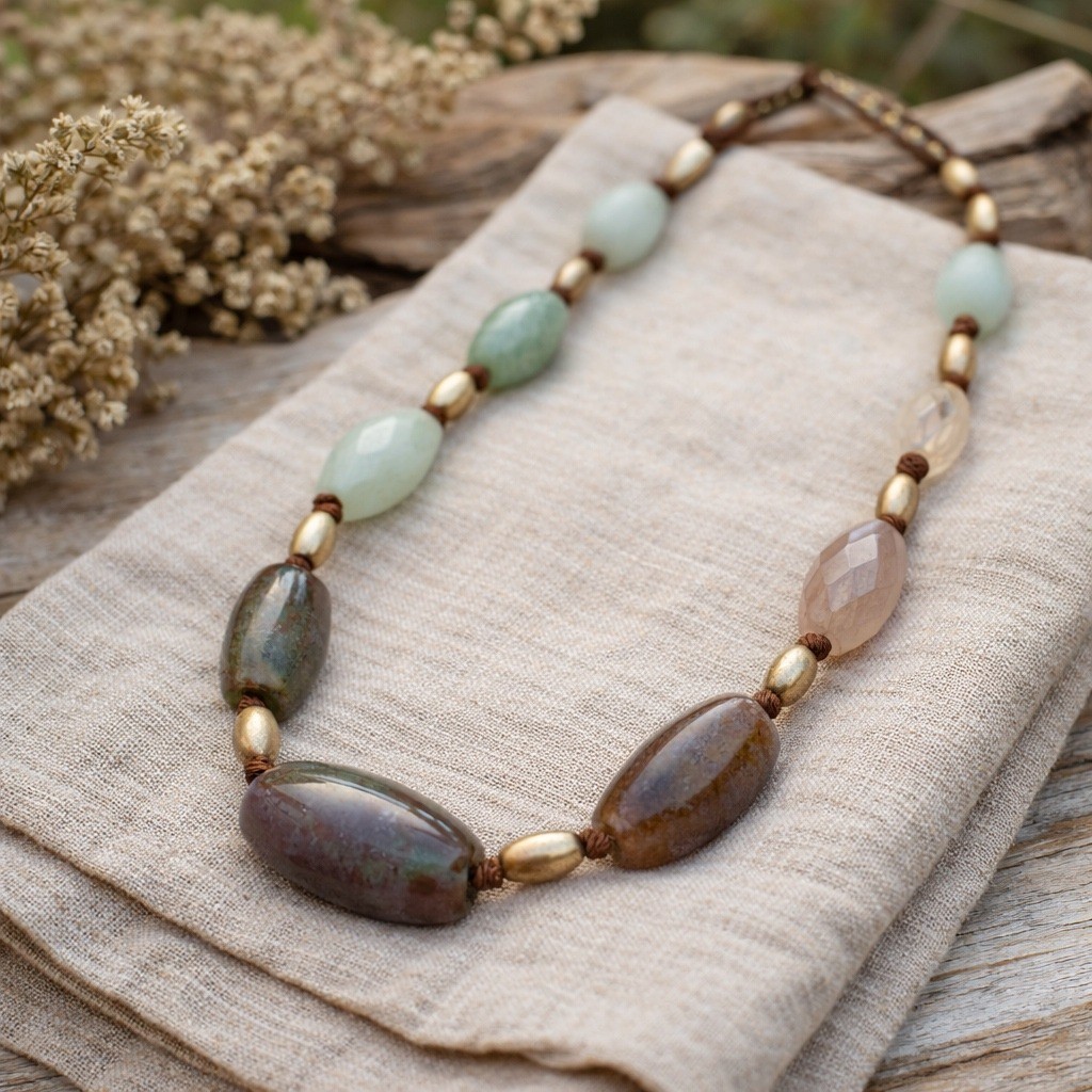 Necklace Kenneth Cole Reaction Beaded Gold Tone Earthy Stone Boho 18-20in