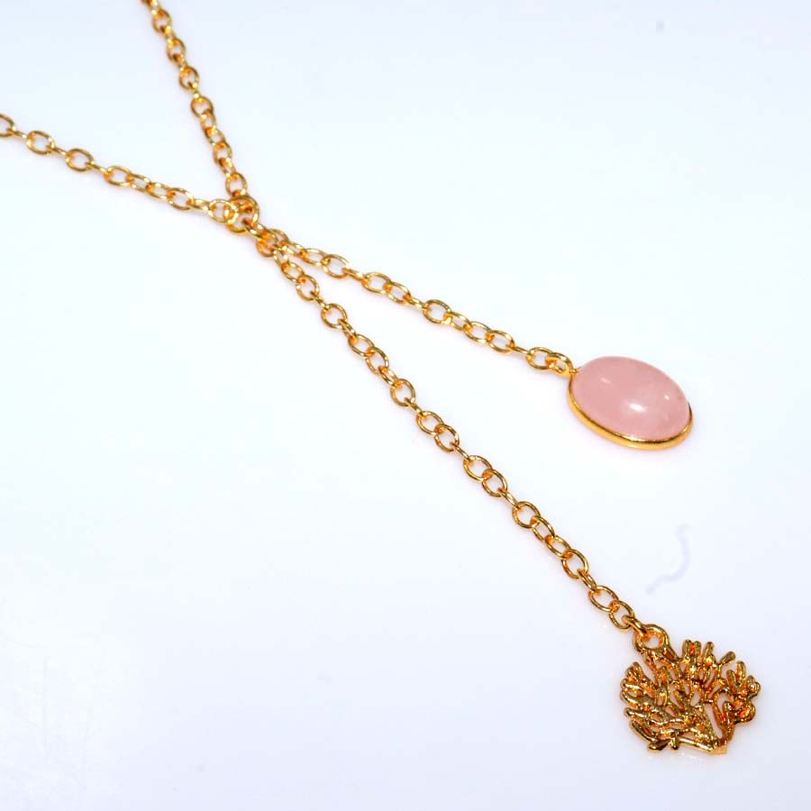 Long Rose Quartz Golden Plated Necklace 18″ Jewelry Gift Most Beautiful JW