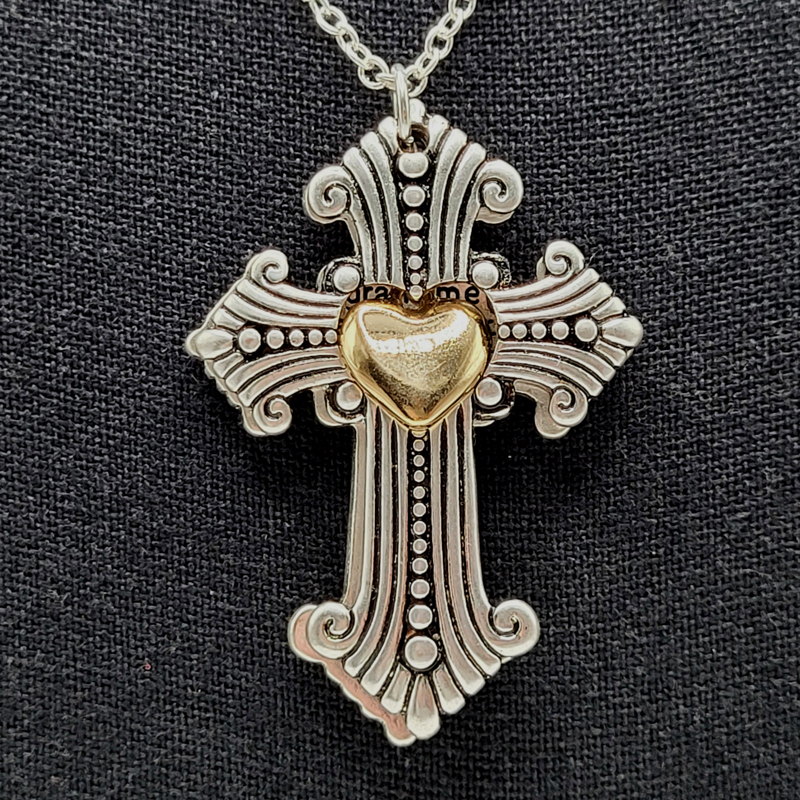 Modern Slide Cross Heart Charm Serenity Prayer Roman Style Silver Tone Necklace