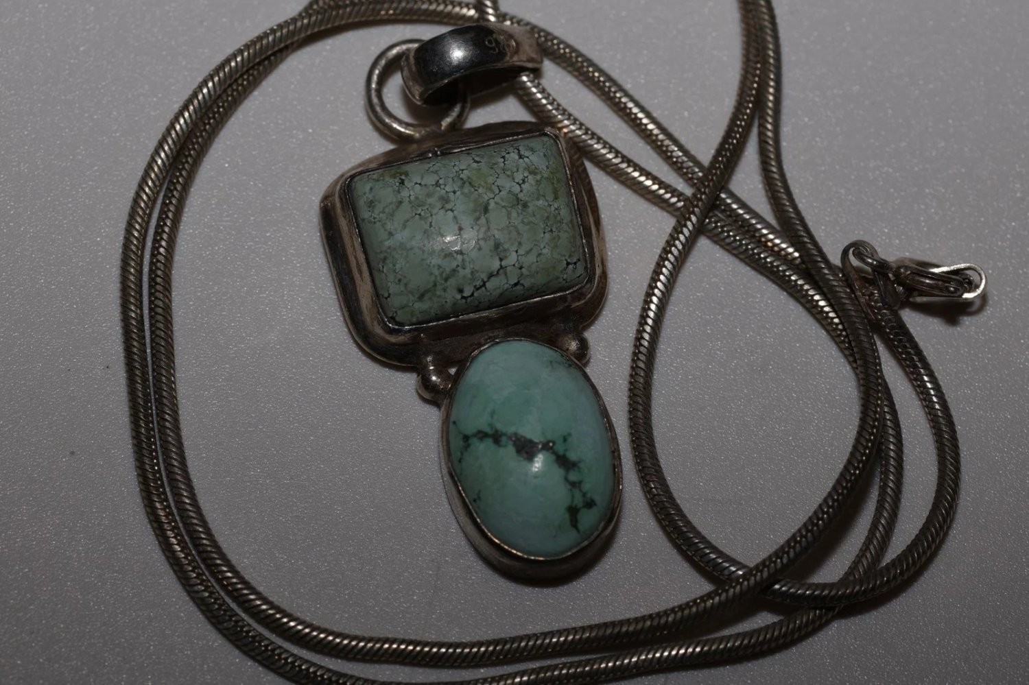 Han Sterling Silver Turquoise Pendant Necklace 925 Italy Snake Chain 16″ Boxed