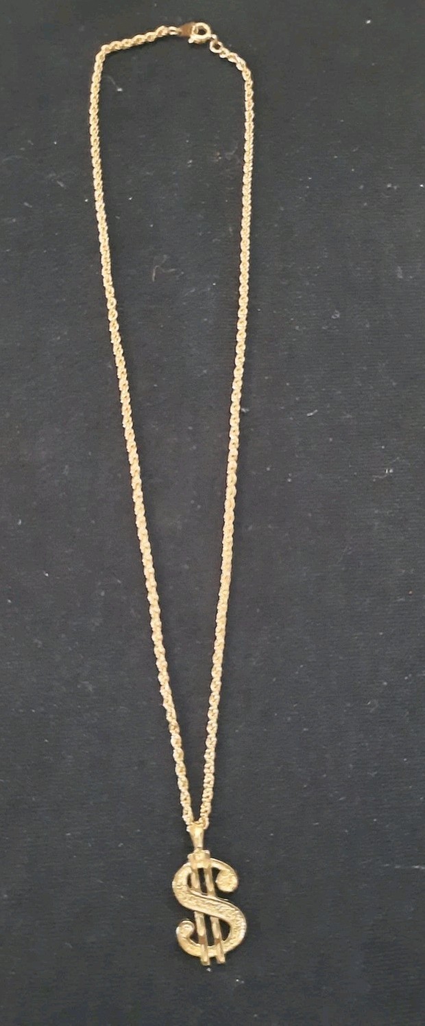 Dollar Sign Pendant 1 1/4″ w Sparkling Rope Chain Fashion Necklace 18″ Gold Tone