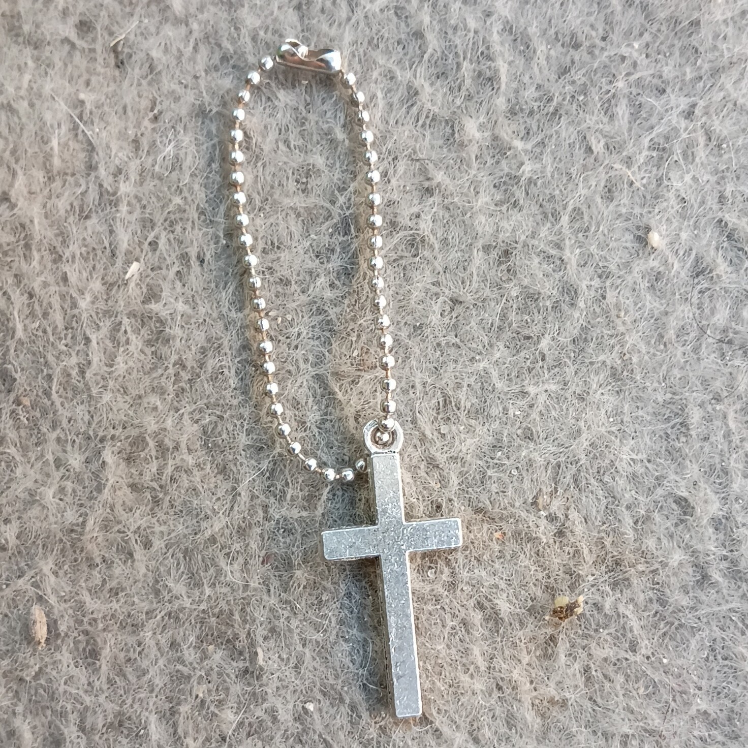 Silver Tone Ball/Bead Chain Necklace w/ Cross Charm Pendant, Lobster Clasp
