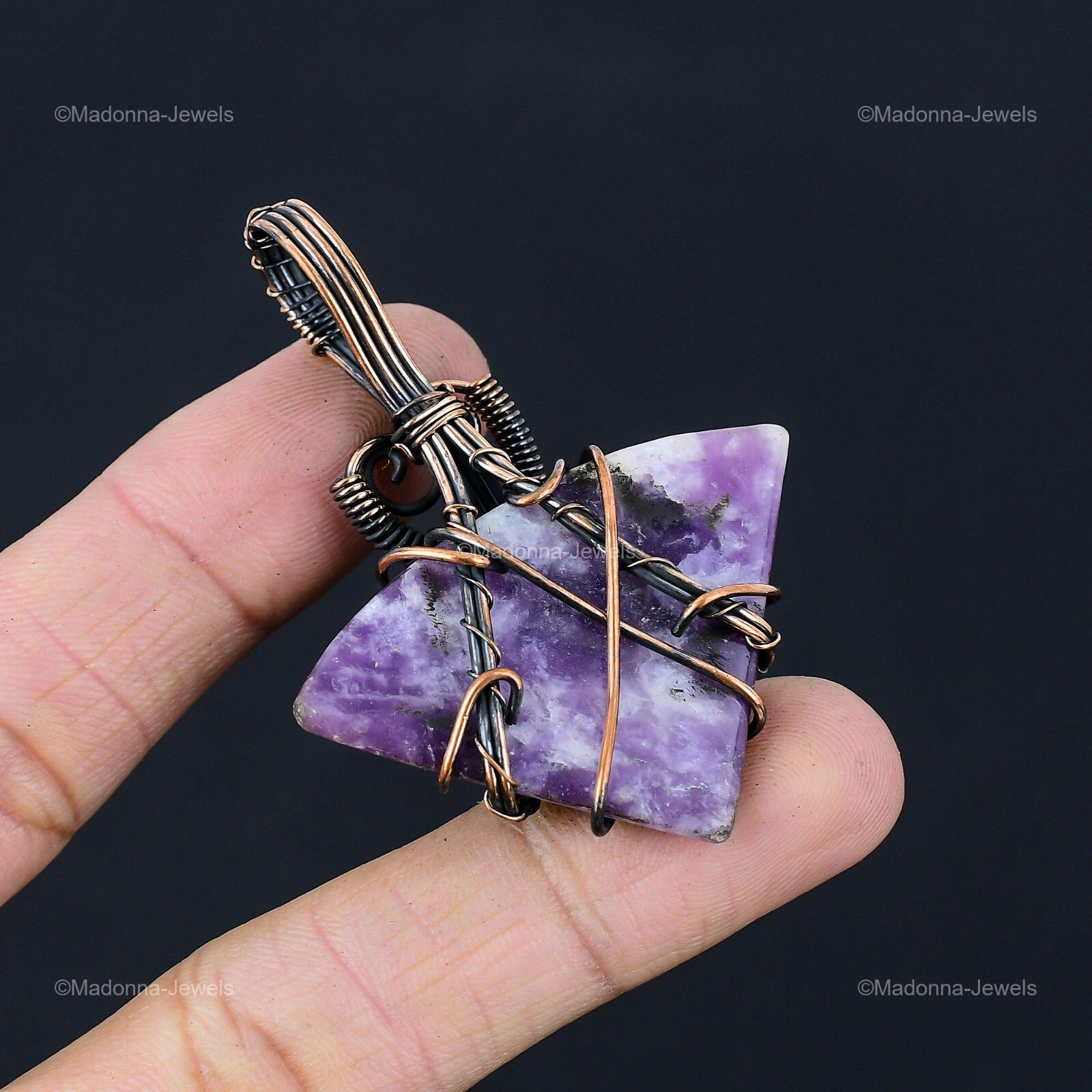 Trillion Lepidolite Gemstone Birthday Wire Wrapped Mother Pendant Jewelry Copper