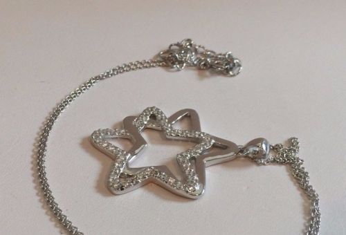 925 SILVER SILVER DOUBLE STAR PENDANT NECKLACE W/2 CT ACCENTS/18”