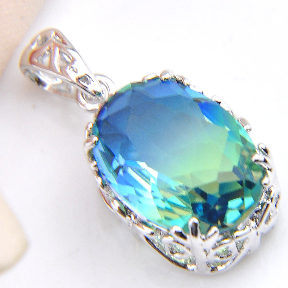 Summer Holiday Shiny Bi-Colored Tourmaline Gemstone Silver Necklace Pendants