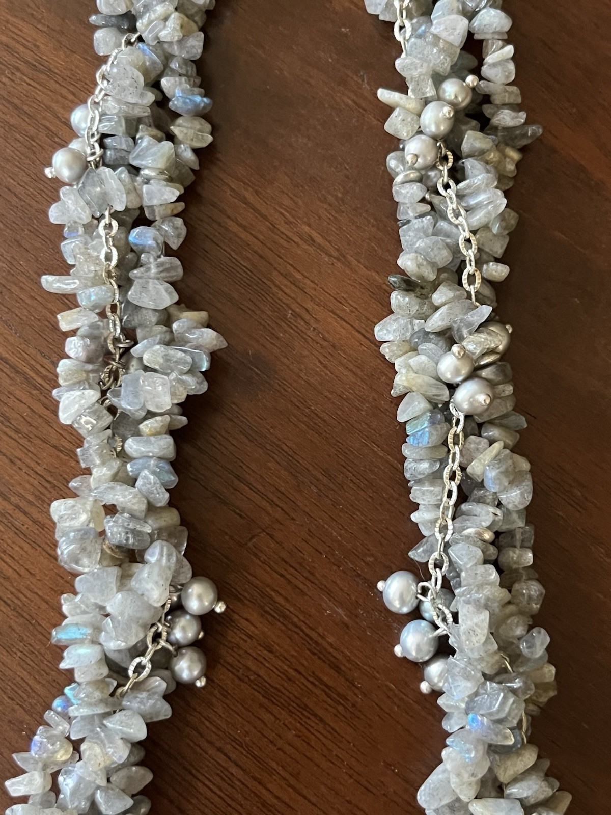 Labradorite and Pearl Statement Necklace 16″ – Beaded Collar Multi Strand Twist