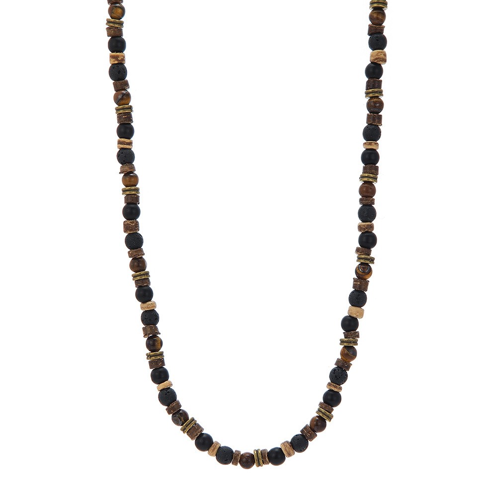 Mens Boho Necklace Tiger Eye Lava Stone Wood Beads Surfer Handmade Choker