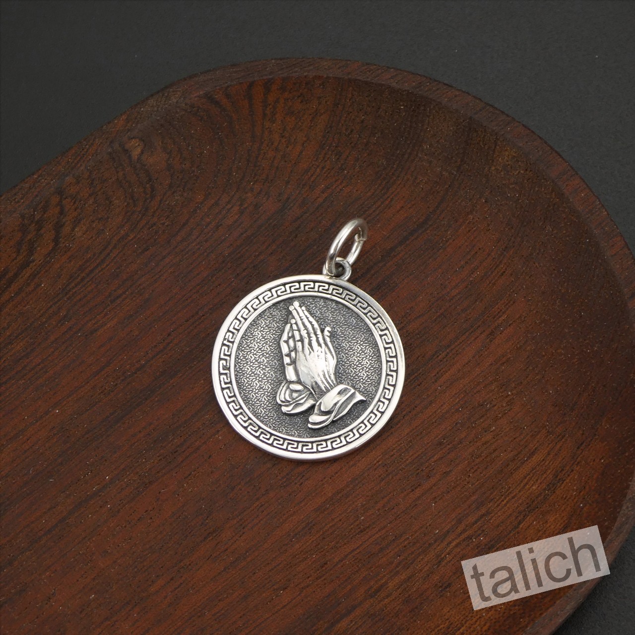 Shiny 925 Sterling Silver Praying Hands 27mm Round Amulet Pendant Faith Gift