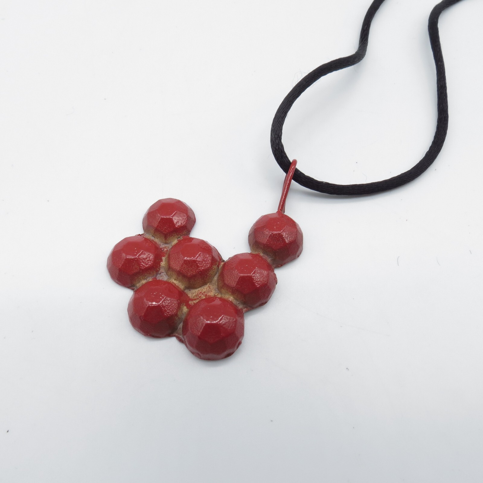 Berry Cluster Metal Pendant Necklace Funky Black Cord Sterling Silver Clasp 18″