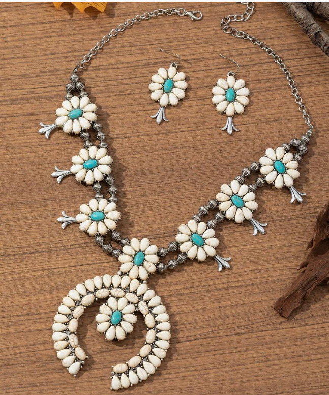 JEWELRY SET-Western 3pcs/Set Turquoise/White Squash Blossom Style Necklace