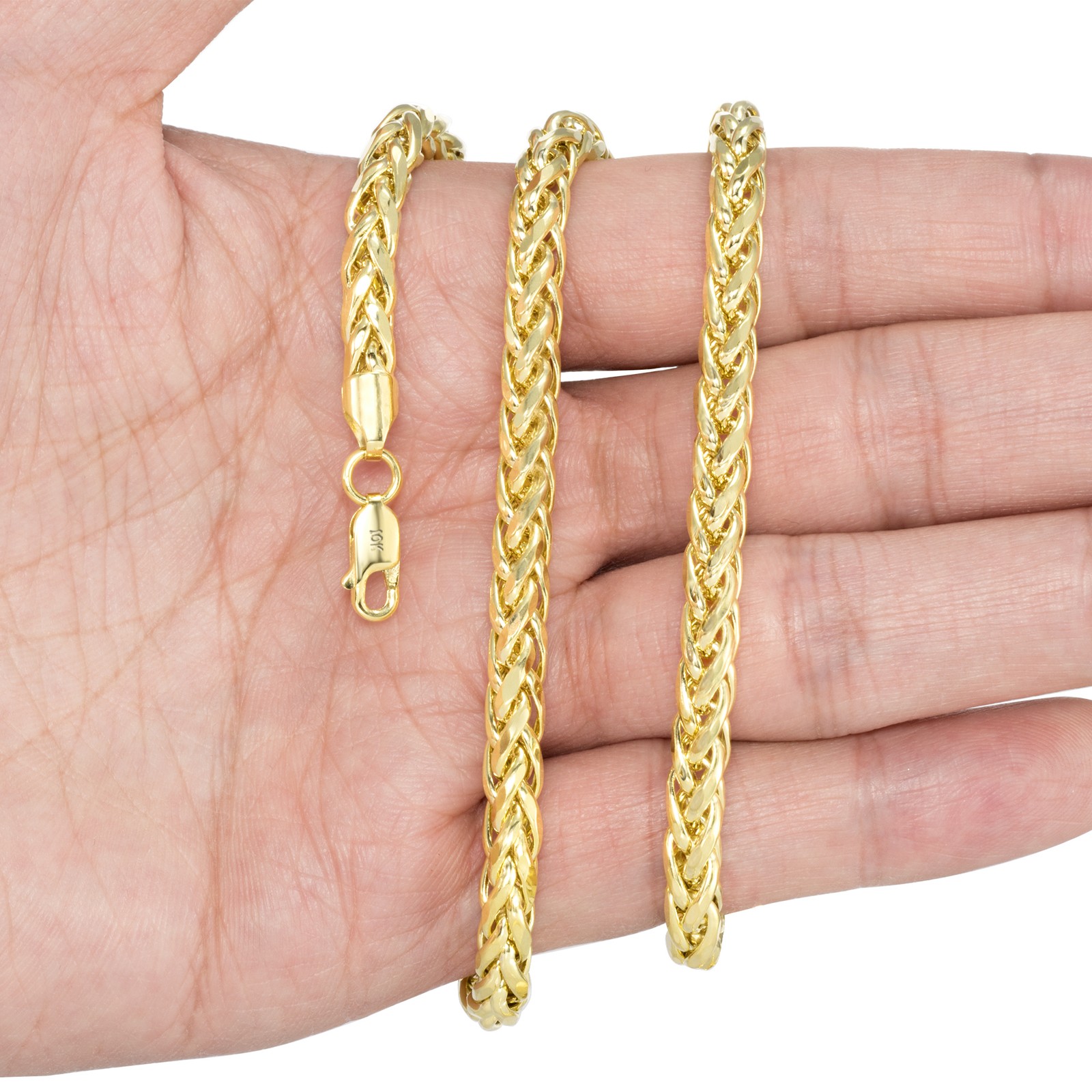 10K Yellow Gold 2.5mm-5mm Round Wheat Palm Franco Spiga Chain Necklace 16″- 30″