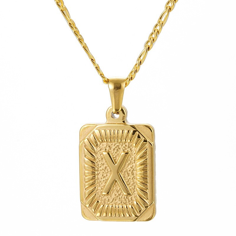 18″ Gold Plated Initial Letter Pendant Necklace Stainless Steel Figaro Chain