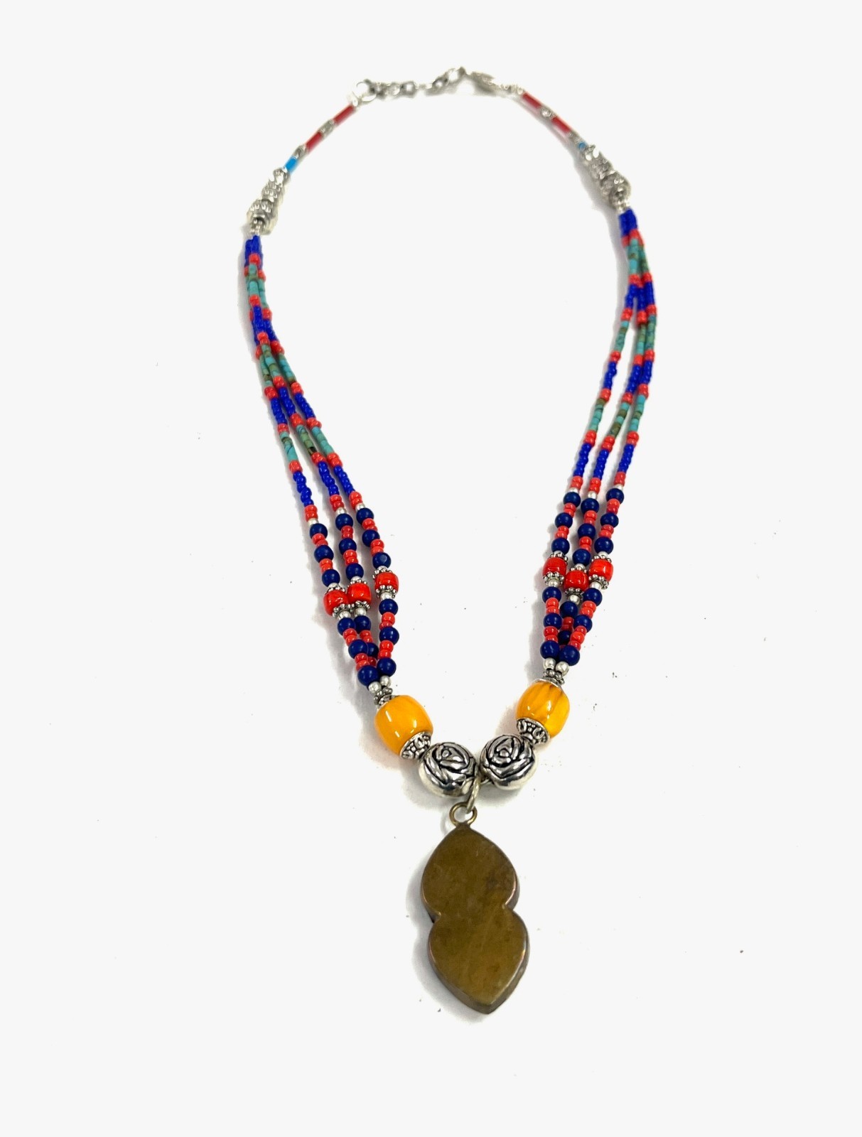 Red Coral Lapis Gemstone Tibetan Style Handmade Necklace Jewelry, 17 Inch Adjst
