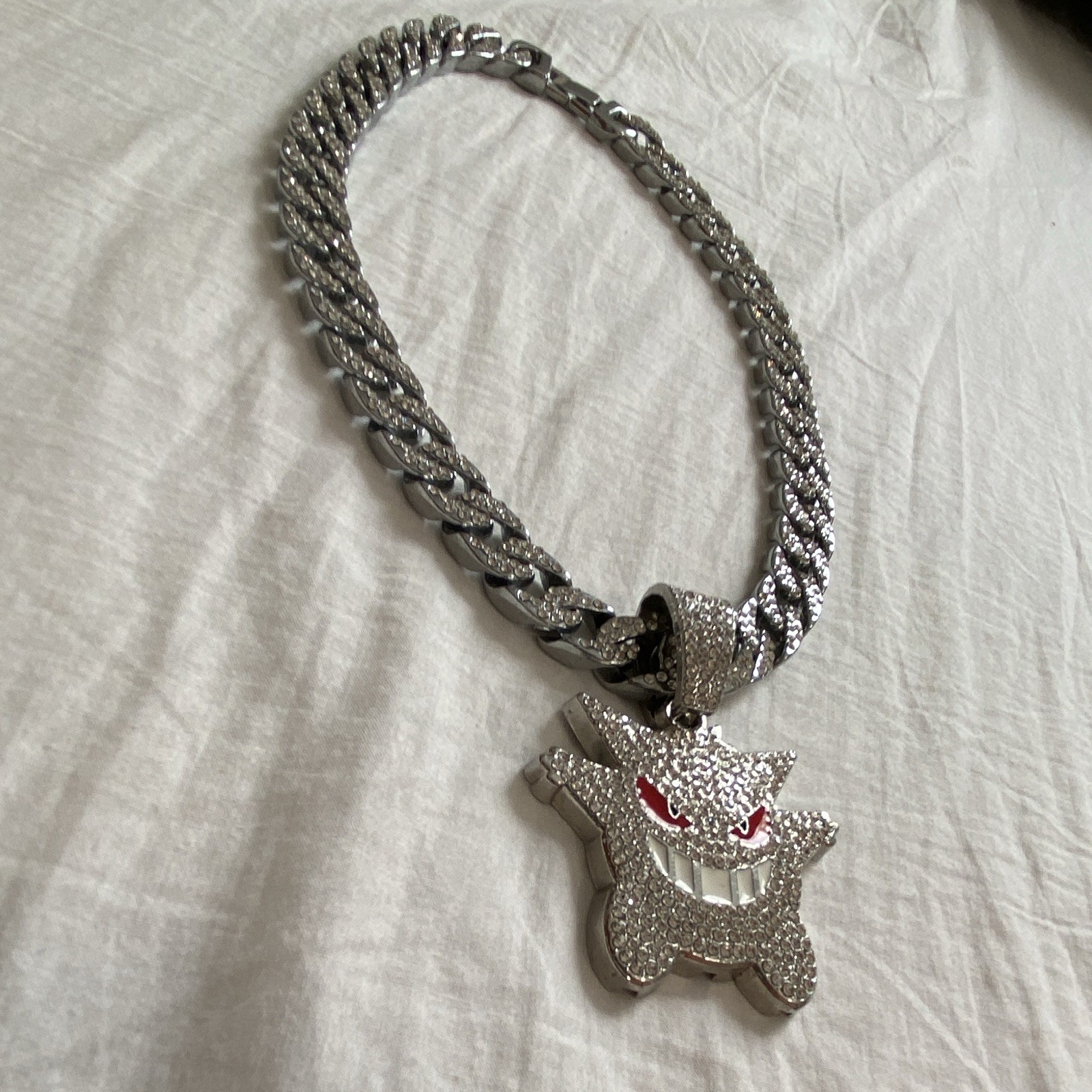 Silver Cuban Link Chain Necklace Gengar Charm Pendant Pavé Rhinestone Box