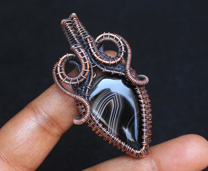Halloween Gift Pendant Banded Agate Gemstone Jewelry Copper Wire Wrap N203