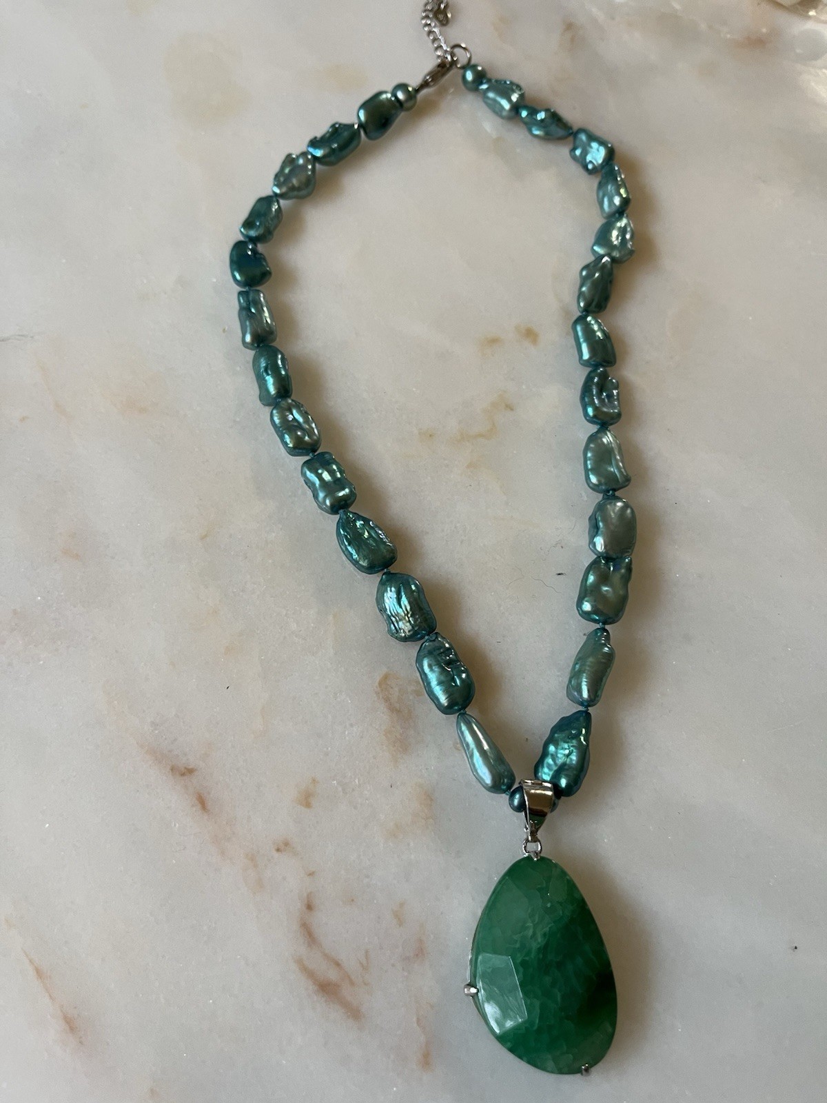 Teal Blue Baroque Pearl Necklace 54g Chunky Nugget w/ Green Stone Pendant St