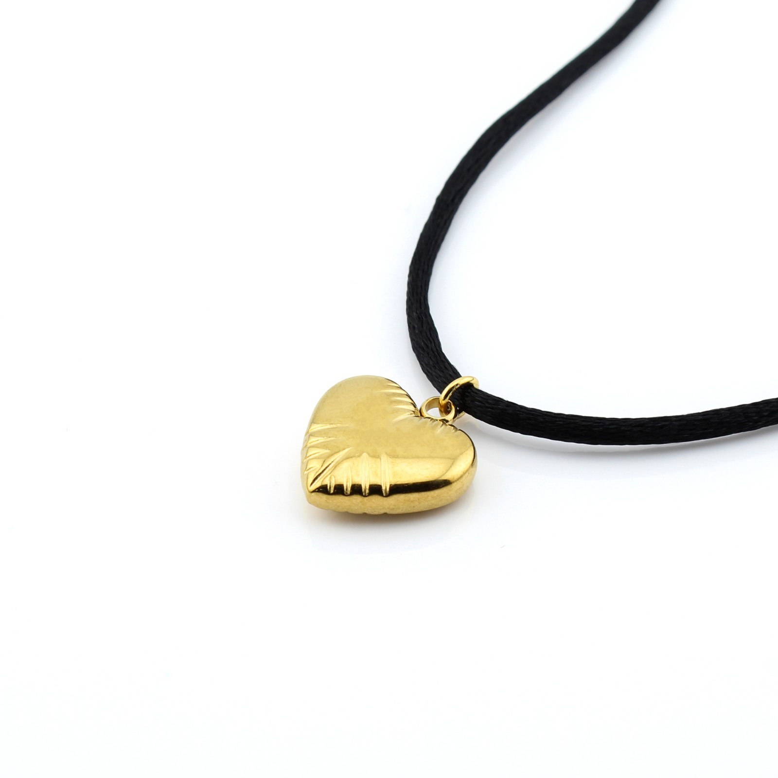 Gold Heart Pendant Necklace Satin Silk Cord Stainless Steel Women Girls Gift