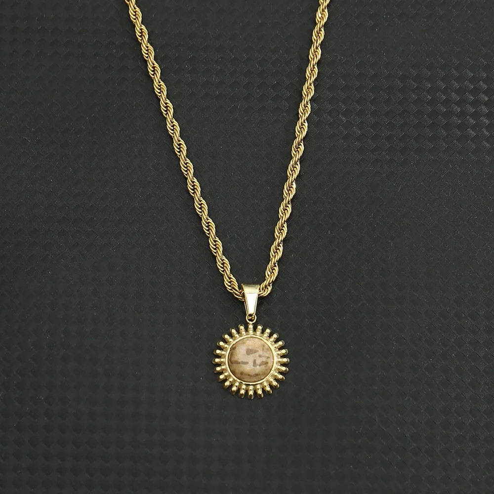 Sunflower Natural Stone Pendant Necklace 18K Gold color Stainless Steel Hip Hop