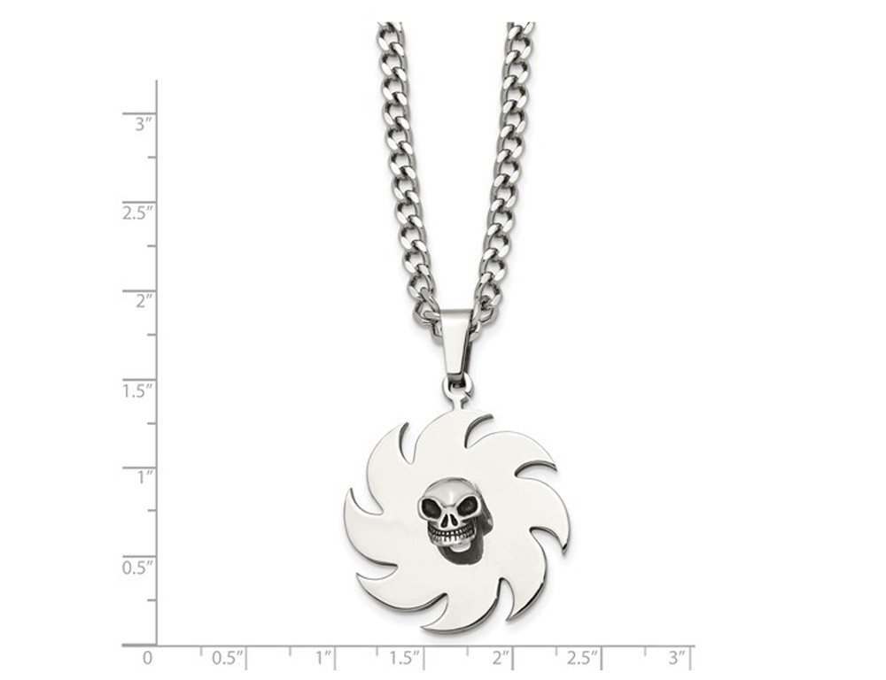 Stainless Steel Polished Skull on Saw Blade Pendant with Chain