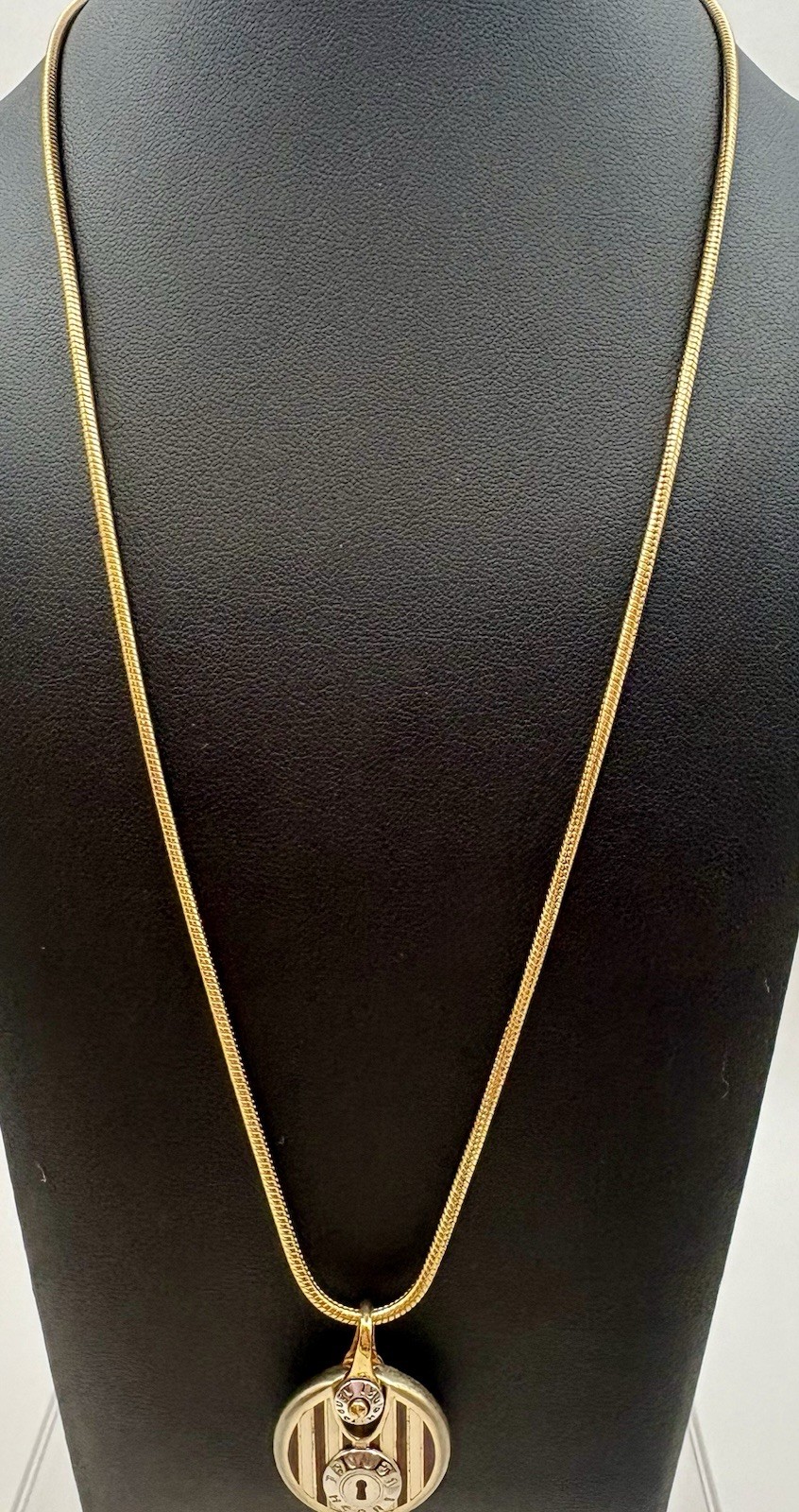 Henri Bendel Lock Pendant Necklace Brown White Stripe Gold Tone Snake Chain