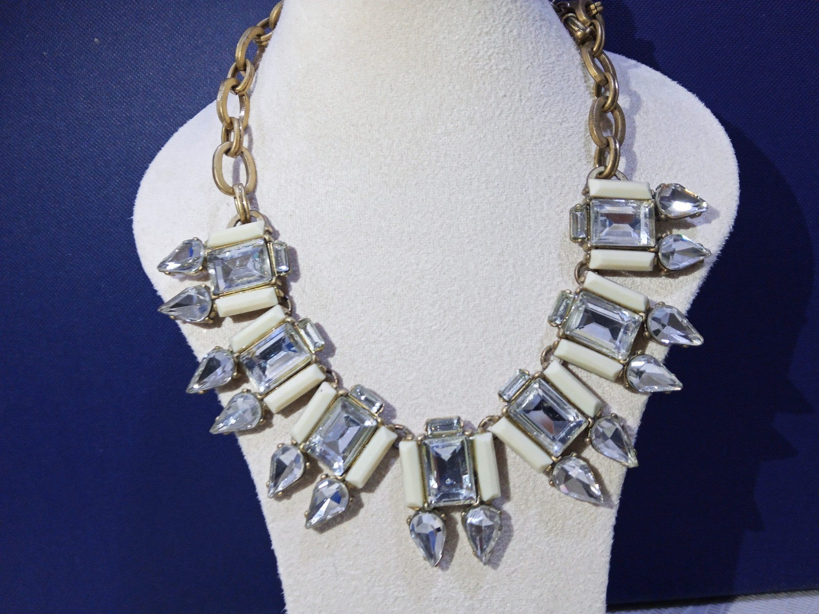 J. Crew Necklace, Faux Crystal and White Acrylic, Gold Tone Chain