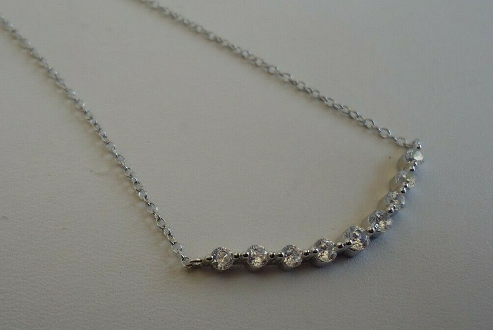 CURVED BAR NECKLACE PENDANT W/ LAB DIAMONDS /925 STERLING SILVER / 18”