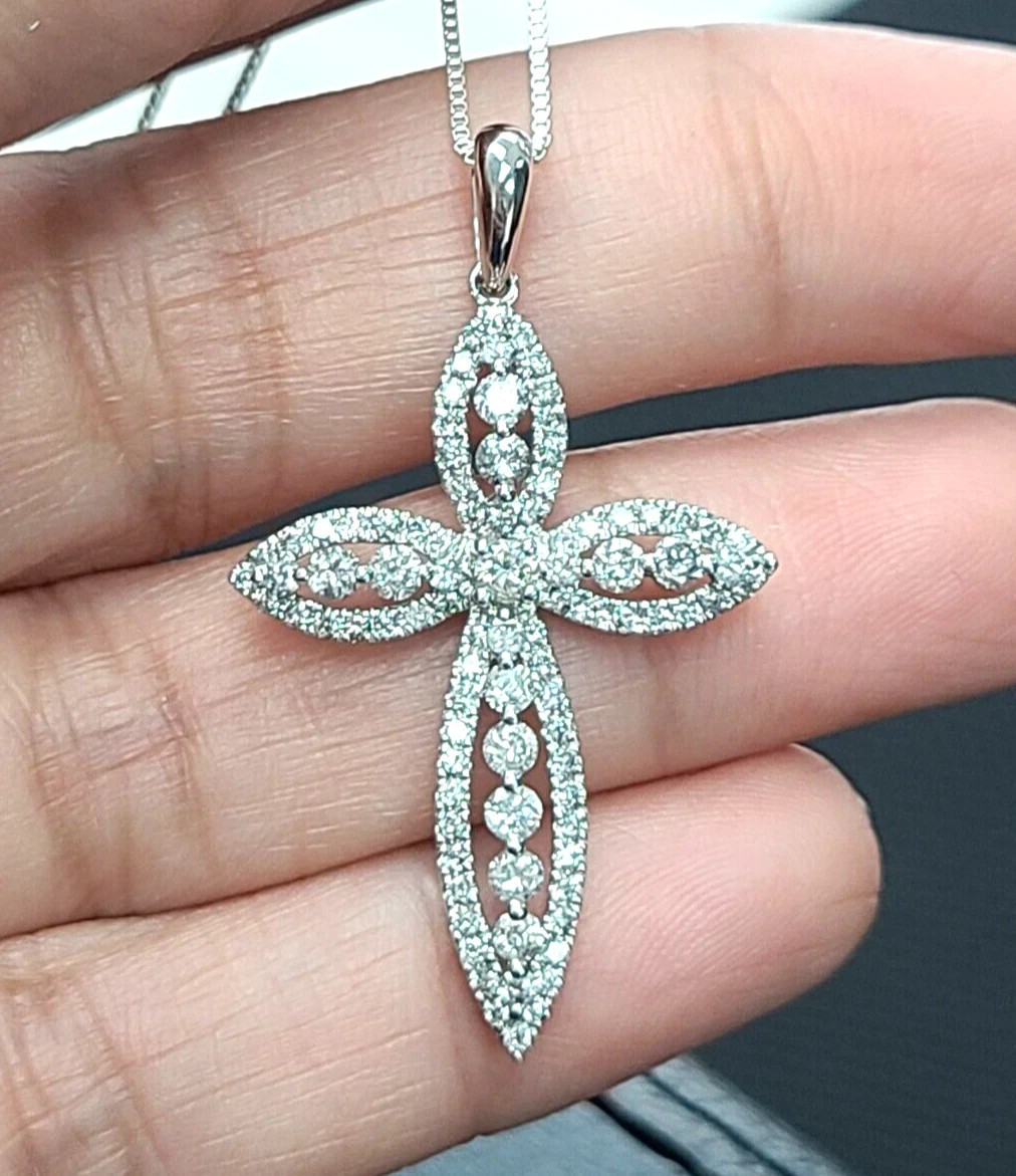 14k White Gold Plated 1.20 Ct Round Simulated Diamond Cross Pendant With Chain