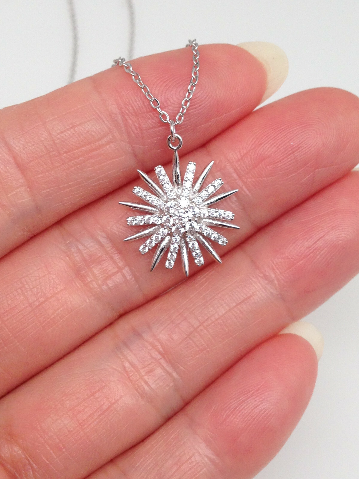 925 Sterling Silver 15mm Cz Sunburst Pendant Necklace Sun Starburst 16-18″