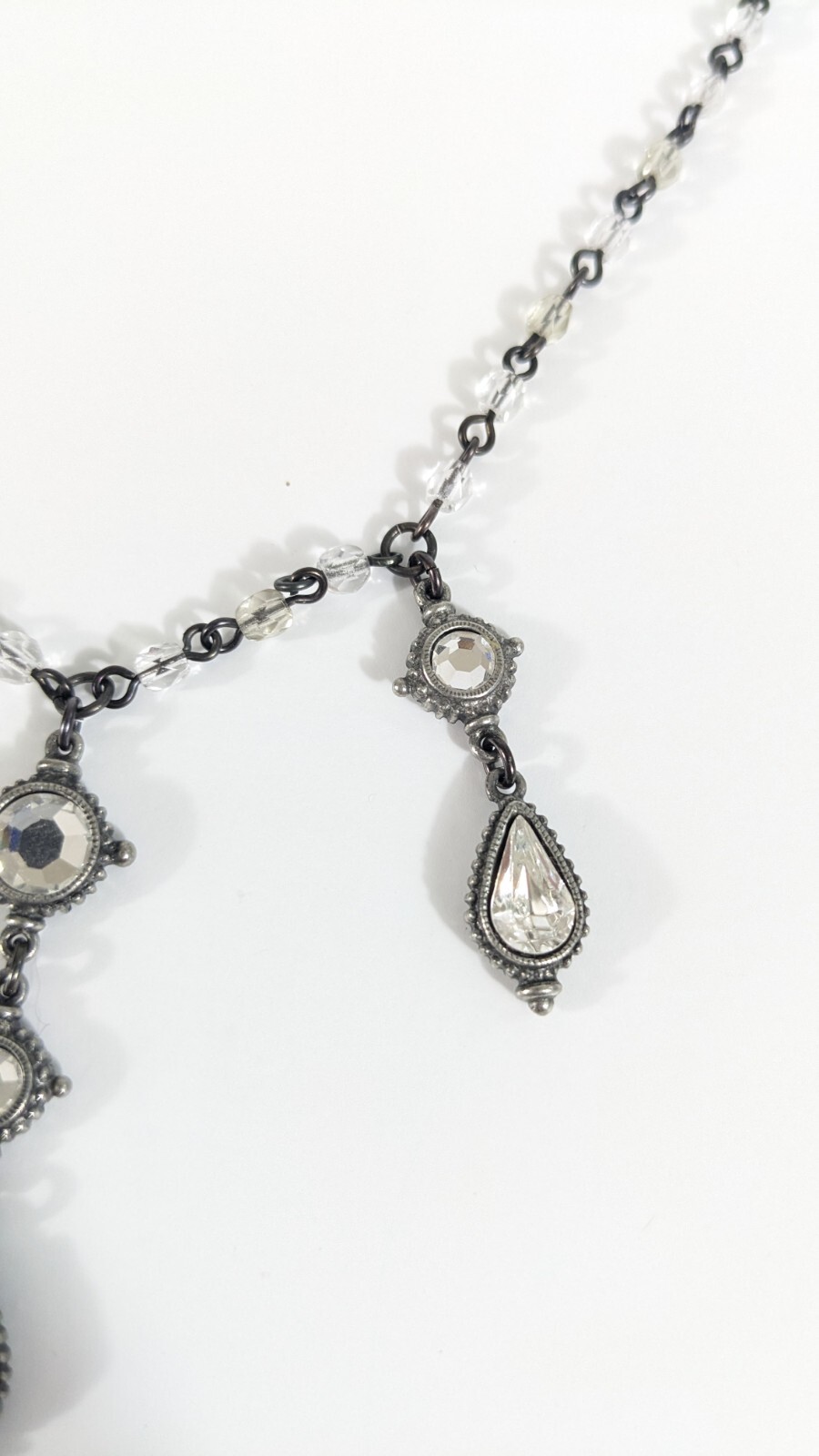 Ben Amun Crystal Dangle Necklace Silver Toned White Colorless Beads Rhinestones