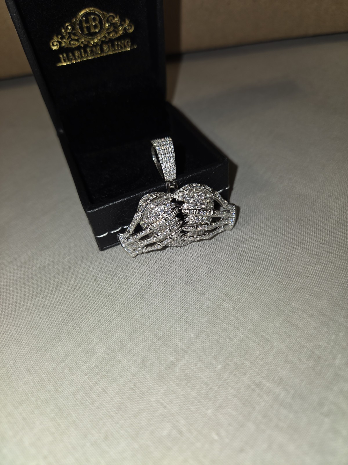 Moissanite Pendant Skeleton Hands Holding a Broken Heart, Harlem Bling